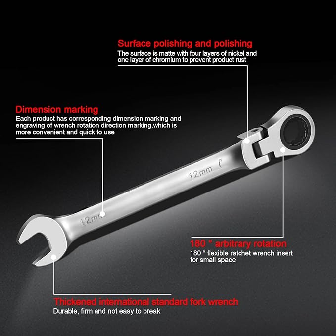 WISEUP Ratchet Wrench, CR-V Chrome-vanadium Steel 8mm Wrench, 180 ° Adjustable Combination Wrenches, Double-end Ratchet Wrench, Anti-slip Rust-proof, Labor-saving Tools