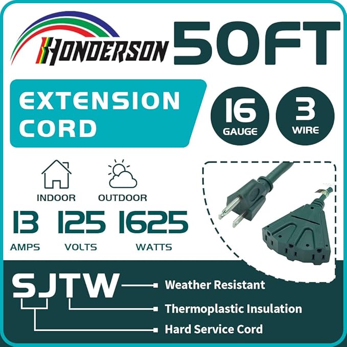 3-Outlets Indoor Outdoor Extension Cord Weatherproof, UL Certified, 16 Gauge 50FT Green 3 Prong Heavy Duty, 16/3 SJTW 13A Power Cord
