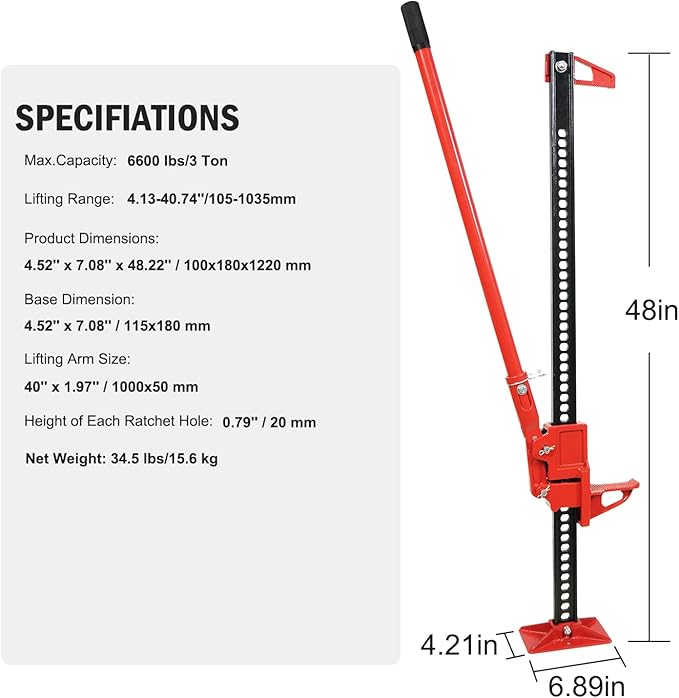 GarveeTech 3 T Farm Jack, 48 in Utility Farm Jack, 6600 LBS Capacity Ratcheting Off Road Utility Jack, Heavy-Duty Farm Jacks Foratv, Utv, SUV, Tractor, Truck, Universal Jacks