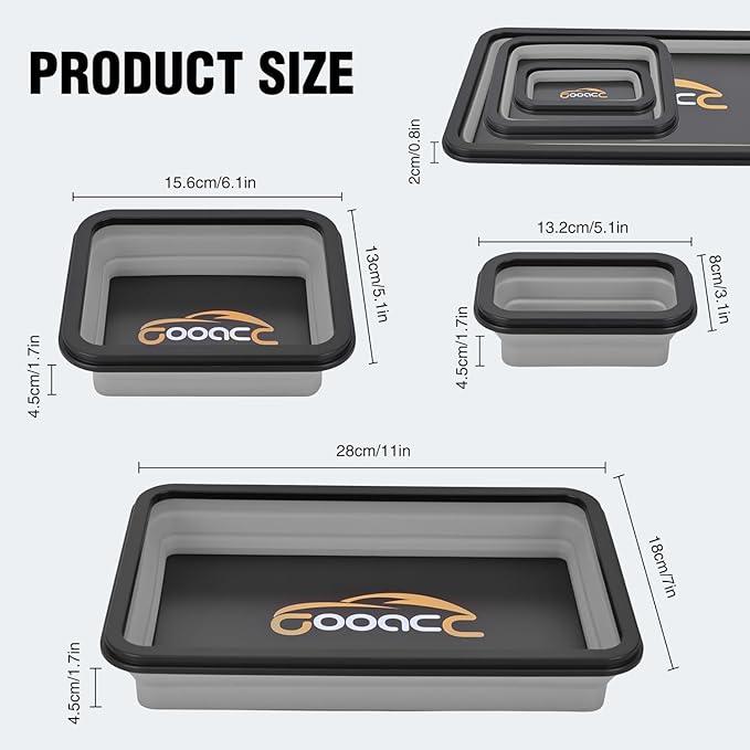 GOOACC 3 Sizes Collapsible Magnetic Parts Tray Set Light Grey Silicone Foldable Tool Trays Organizer for Screws Bolts Nuts Pins Washers and Other Small Metal Parts Double Sided Magnet Base