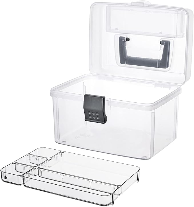 MyGift 10 Inch Premium Clear First Aid Kit Bin with Detachable Tray and Gray Top Handle, Portable Emergency Kit, Medical Supply Travel Tote, Medicine Storage Box Container