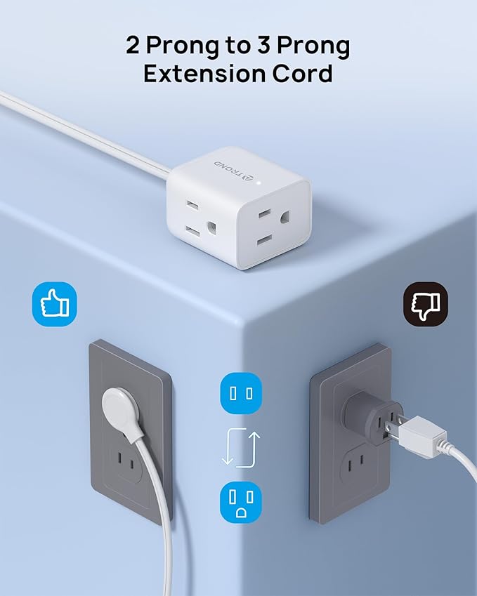 TROND Indoor 2 Prong to 3 Prong Extension Cord - Polarized Flat Plug 3 Outlet Extension 1.5ft, 16 Gauge Cable, 1625W for Non-Ground Socket in Old House School Home Office Kitchen Travel, White