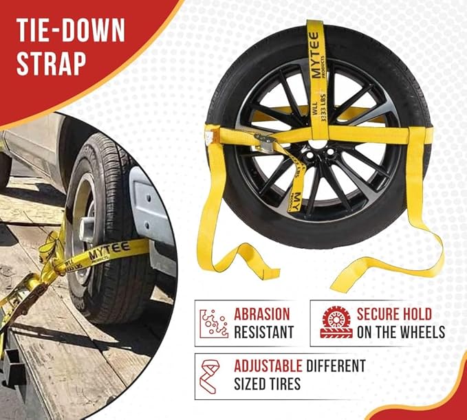 Mytee Products 4 Pack 2" x 120" Yellow Side Mount Wheel Tie Down Strap with Flat Hook & Dual Ratchet – 3,333 lbs WLL Wheel Net Fits 14–17" Tires, Heavy Duty Vehicle Tie Down Strap for Car Hauling