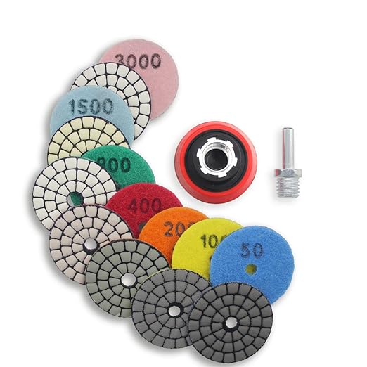 2 Inch Diamond Polishing Pads with 7Pcs Dry Wet Granite Stone Polish Pad Kit for Drill，50-3000 Grit Polishing Pad (7Pcs Dry Pads+1 Drill Adapter)