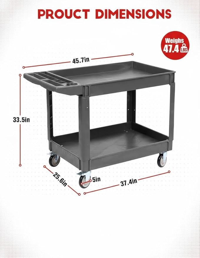 2 Tier Metal Utility Cart,330 Lbs Metal Heavy Duty Utility Cart On Wheels,2 Shelf Steel Rolling Tool Cart, Tool Storage Organizer for Mechanic, Garage, Workshop, Warehouse (Gray, 46x25x33.5)