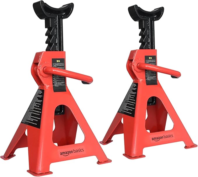 Amazon Basics Steel Jack Auto Stands, 3 Ton (2.7 metric Ton) Capacity, Easy to Use, Adjustable Height, 6,000 lb, 1 Pair, Black and Red