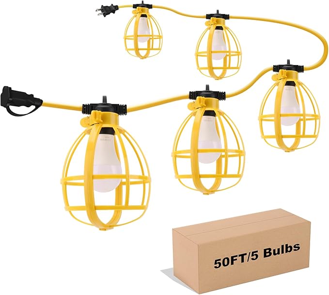 Construction String Lights, 50FT 50W 5 Bulbs Work Lights with E26 Base, IP65 Waterproof, 4000LM 6500K Indoor & Outdoor Temporary Lighting for Workshop, Mine cave, Job Site