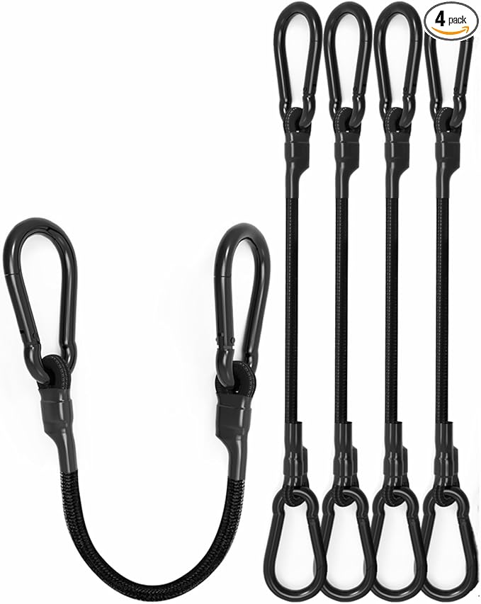 24'' Real Heavy Duty Carabiner Bungee Cords Outdoor with 190 Lbs Max Break Strength, Black Bungee Straps with Upgraded Carabiner Hooks for Luggage Rack, Cargo, Hand Carts, Bike, Camping, etc (4 Pcs)