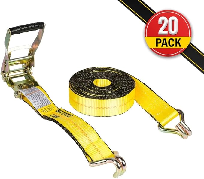 Mytee Products 20 Pack 2 Inch x 30 FT Yellow Ratchet Strap with J Hooks - 10,000 Lbs Breaking Strength - Heavy Duty Tie Down Cargo Truck Straps with Wire Hooks for Flatbed, Truck, Trailers Pickup