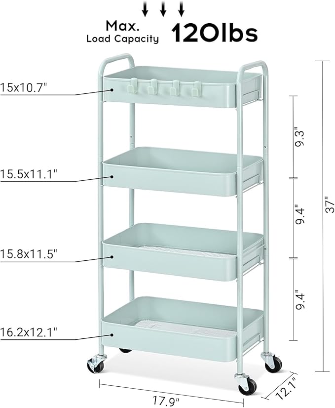 TOOLF 4-Tier Rolling Cart - Metal Storage Organizer with Lockable Wheels, 44 lbs Per Shelf Capacity, Tool-Free Assembly, for Kitchen Bathroom Office Laundry Room Nursery, Green
