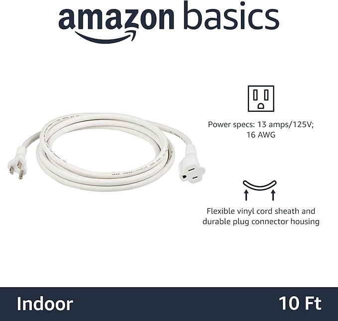 Amazon Basics Indoor Extension Cord, 3 Prong Outlet Extender Power Cord, 13 Amps, 125V, 10 Foot, White, 2-Pack