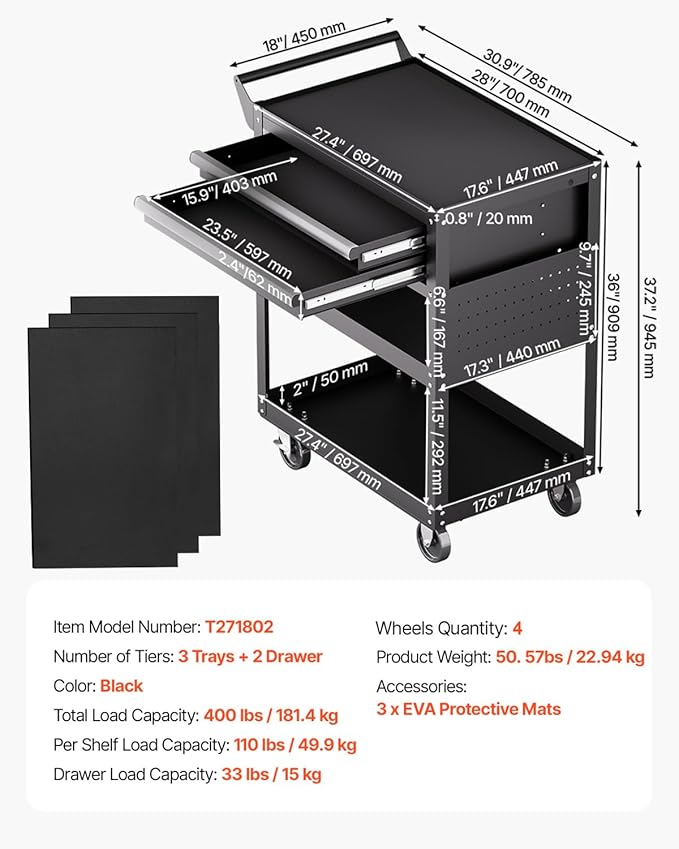 VEVOR 5-Tier Tool Cart with Wheels, 400 lbs Load Capacity, Rolling Work Cart with 2 Drawers & Pegboard, Mechanic Tool Storage Organizer with Locking System for Garage, Warehouse and Repair Shop, Black