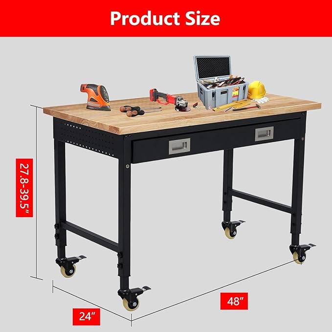 Workbench 48 x 24 Adjustable Height Worktable, Heavy Duty Rubber Wood Top, 2000 LBS Load Capacity, Tool Storage Workstation with Drawer, Pegboard, Power Outlets & Lockable Wheels