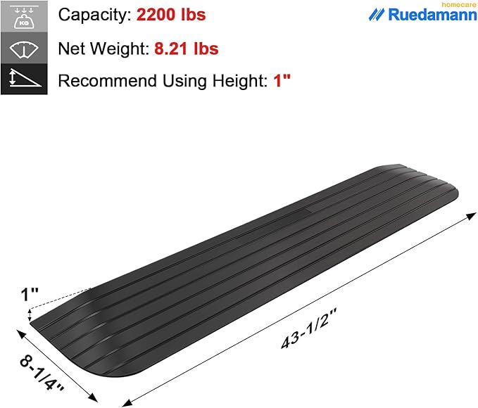 Ruedamann 1” Rise Threshold Ramps for Doorways, 2200 lbs Load Capacity Natural Rubber Wheelchair Ramp, Non-Skid Ramps for Wheelchairs for Home, Curbs, Power Wheelchairs, Power Scooters