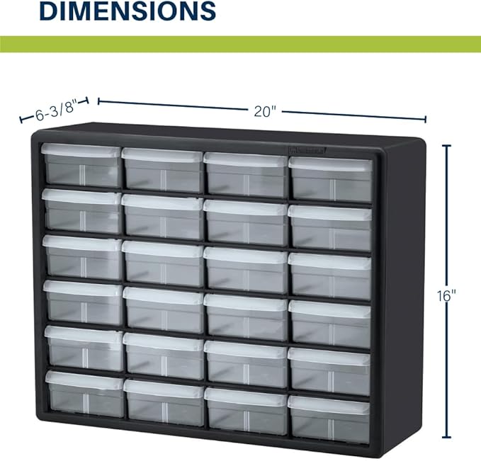Akro-Mils 24-Drawer Plastic Drawer Storage Cabinet for Garage Organization, Bead Organizer, Building Bricks Storage, Teacher Toolbox, Makeup Organizer, 20-Inch W x 6-Inch D x 16-Inch H, 10124 White