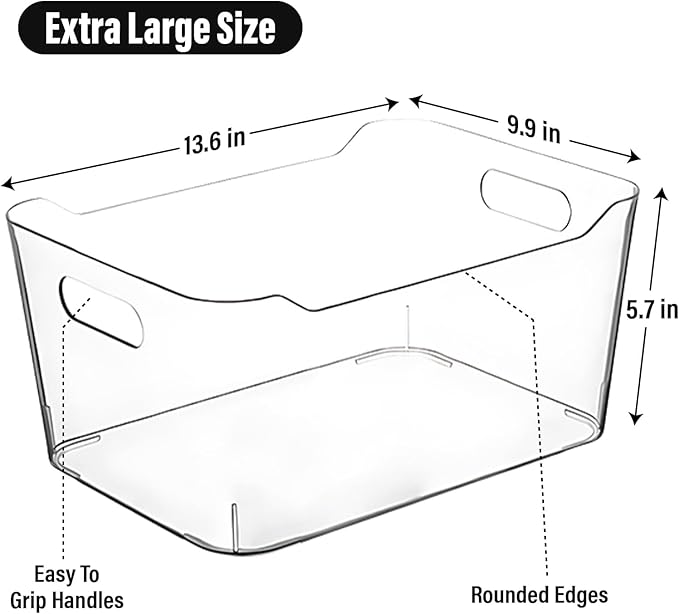 Clear Extra Large Plastic Storage Bins, Pantry Organizers and Storage Containers Fridge Organizer Bins for Organizing Home, Kitchen Organization. Bathroom, Refrigerator, Freezer, Laundry Room