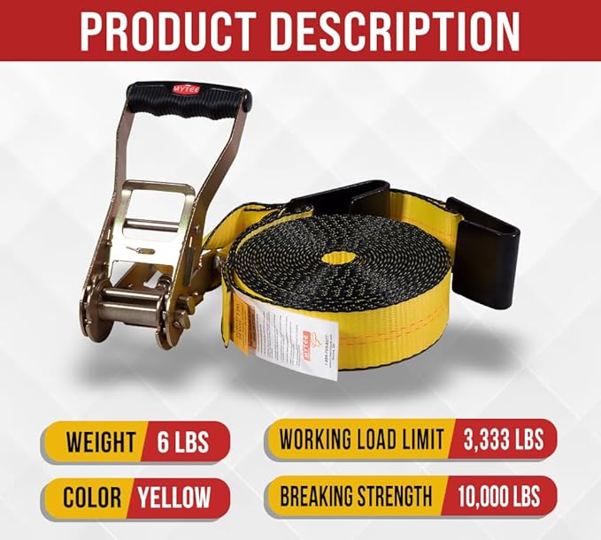 Mytee Products Ratchet Tie-Down Straps with Flat Hooks, 2" x 30' Ratchet Straps Yellow | 10,000 Lbs Breaking Strength | TieDown Ratchet Straps for Flatbed, Truck, Trailers Pickup