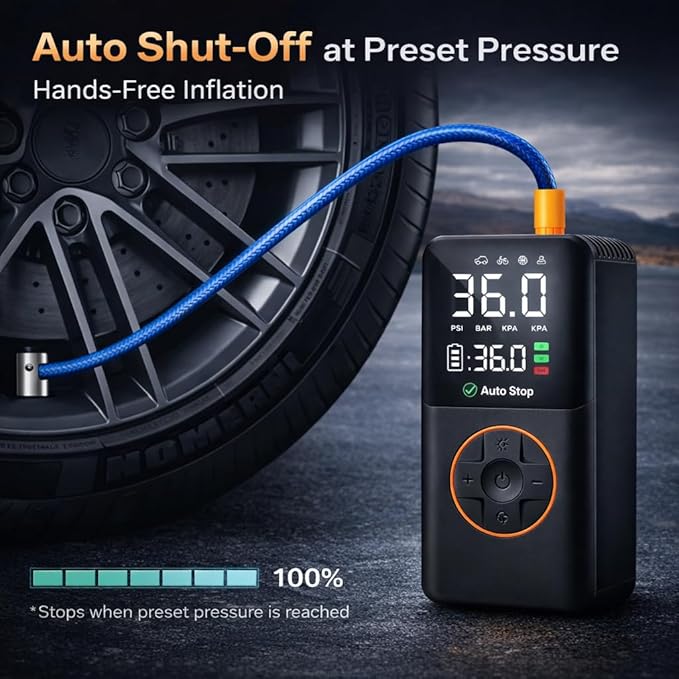 Tire Inflator Portable Air Compressor, 150PSI Cordless Electric Bike Pump, Portable Tire Inflator with LCD Pressure Gauge & LED Light, Portable Air Pump for Car, Motorcycle, Bicycle, Balls