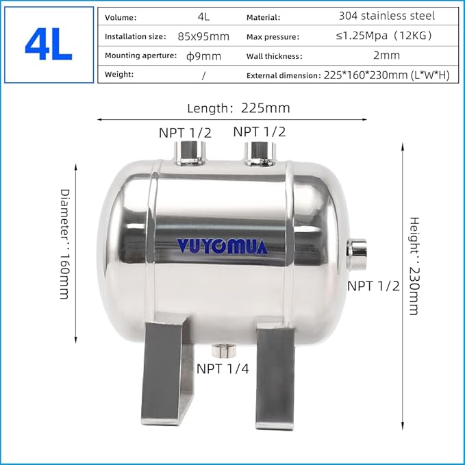 1/4" NPT Air Compressors 1 Gallon Stainless Steel Portable Air Compressor Max 180PSI Air Reservoir Water Storage Tank for Truck, Car, Air Horn, Inflating Tires, Air Ride