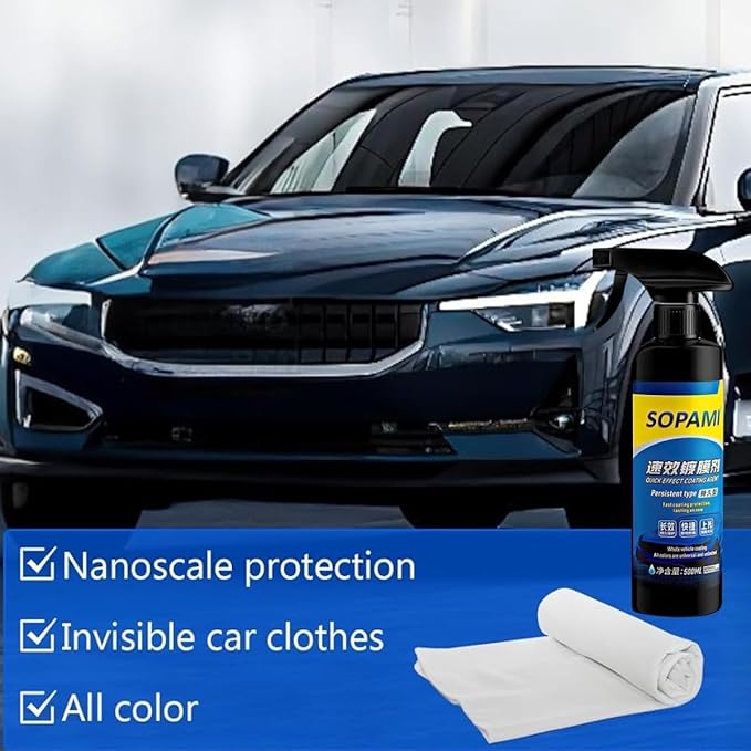 Sopami Car Coating Spray,Quick Effect Coating Agent,Quickly Coat Car Wax,Car Scratch Wax Polish Spray Waterless Wash,Oil Film Emulsion Glass Cleaner with towel (1 pcs)