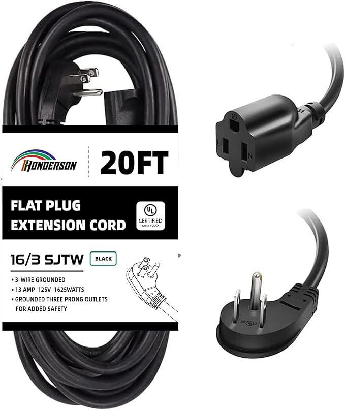 Flat Plug Indoor Extension Cord, UL Certified, 16 Gauge 20FT Black 3 Prong Heavy Duty, 16/3 SJTW 13A Power Cord for Lights, Appliances, Home