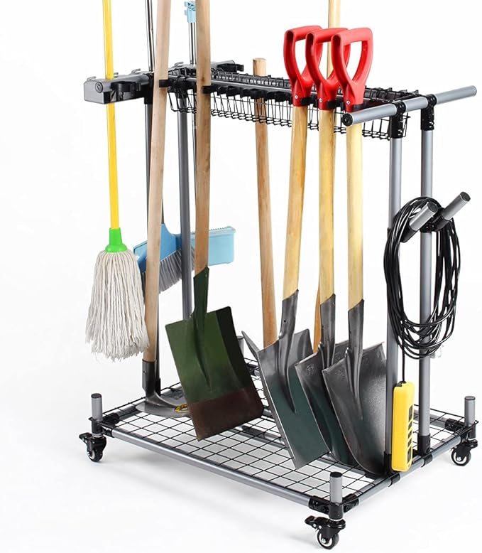 Mobile garden tool organizer metal Garage Storage Holder storage large long lawn tools heavy duty tool rack sturdy yard cart