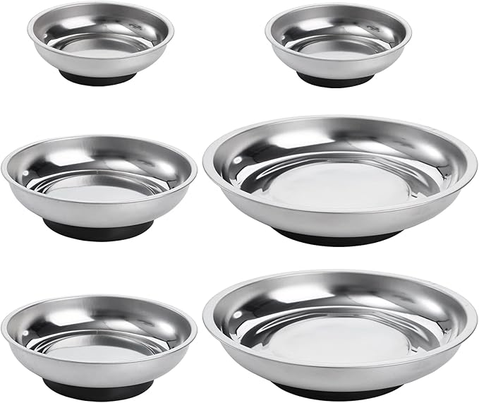 Hedume 6-Piece Magnet Trays Set, 3" 4" 6" Round Magnetic Parts Tray, Stainless Steel Magnetic Trays Tools Parts Tray Holder for Socket Screw, Nuts, Bolts, Metal Parts