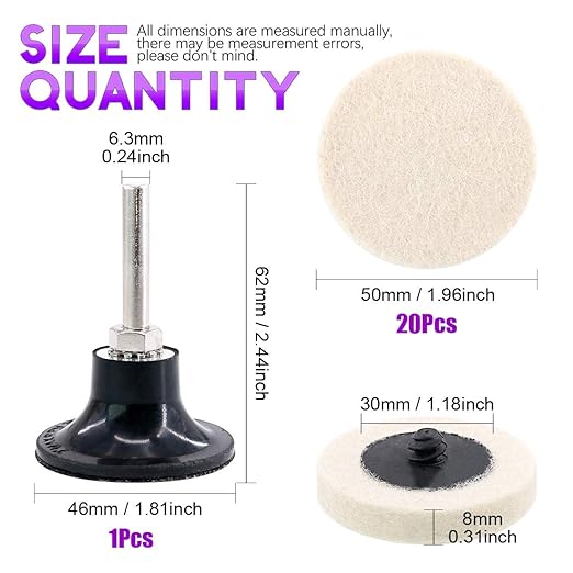 Swpeet 20Pcs 2" Compressed Wool Fabric Disc Polishing Buffing Pads Wheels with 1Pcs 2" Disc Pad Holder with 1/4" Shank Perfect for Polishing and Buffing Projects