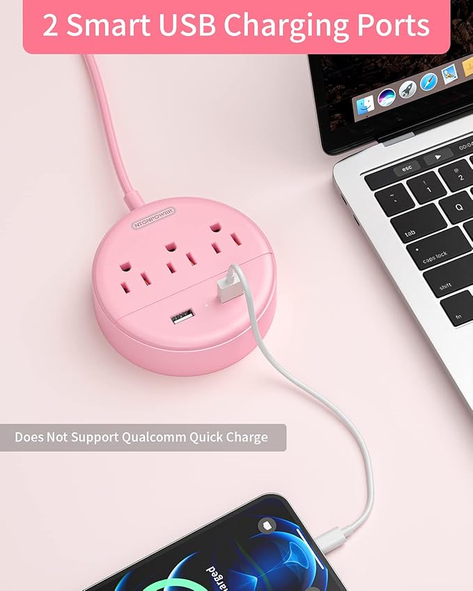 Extra Long Extension Cord 25 ft, NTONPOWER Rose Pink Flat Plug Power Strip with USB Ports, 3 Outlet 2 USB Desktop Charging Station Wall Mount for Home, Dorm Room, Office and Nightstand, ETL Listed