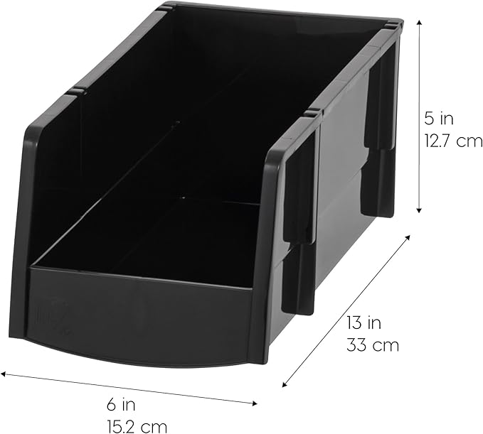IRIS USA Large Stackable Storage Bins, 8-Pack, 13"L x 6"W x 5"H, |Made in USA|, Plastic Open Front Shelf Bin for Organizing Parts, Hardware, Tools, Supplies, Garage Shelf, Pantry - Black