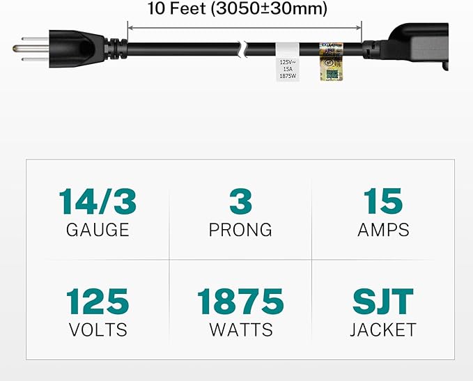 FIRMERST 15 Amp 10 Feet 3 Prong Extension Cord 14 Gauge 1875W Black