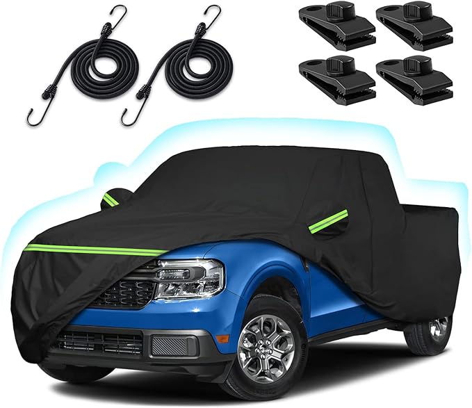 Truck Car Cover for 2021-2025 Ford Maverick, 210T Sun Rain UV Dust Snow Protection Waterproof 4.5 Feet Bed Pickup Covers with Zipper Door & Windproof Bands for Ford Maverick XL/XLT/Lariat-(Black)