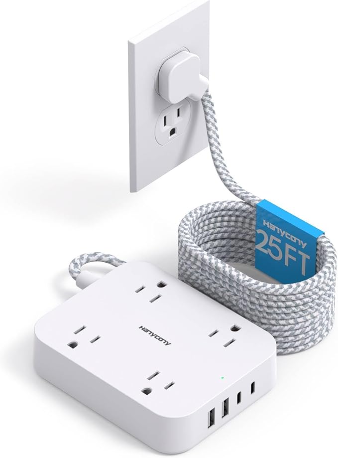 25 Ft Extension Cord, HANYCONY Ultra Thin Flat Plug Power Strip with 4 Outlets 4 USB Ports (2 USB C), Wall Mount, Desk Charging Station for Office, Travel and Dorm Room Essentials, ETL Listed
