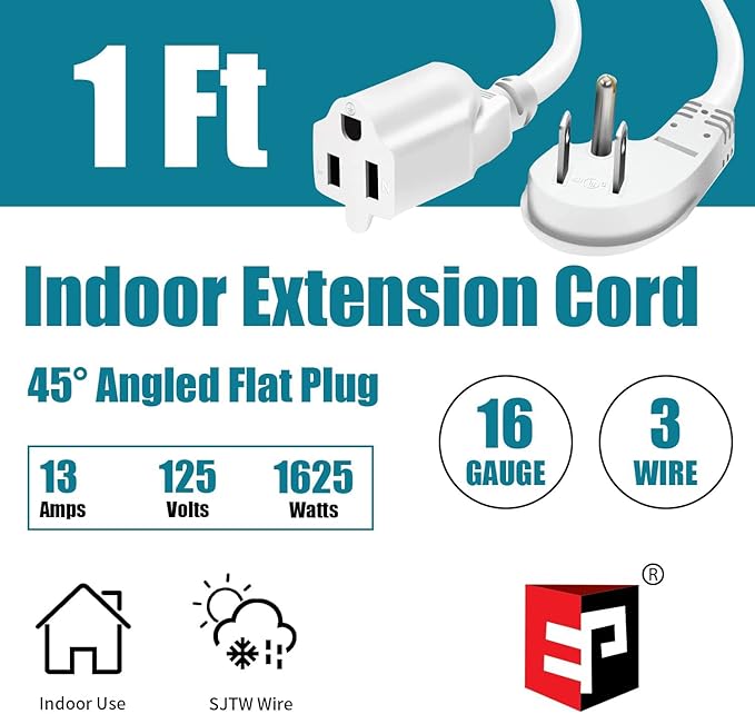 EP 3 Pack 1 Ft Flat Plug Extension Cord, 16 AWG 3 Prong Grounded White Low Profile Extension Cable for Indoor