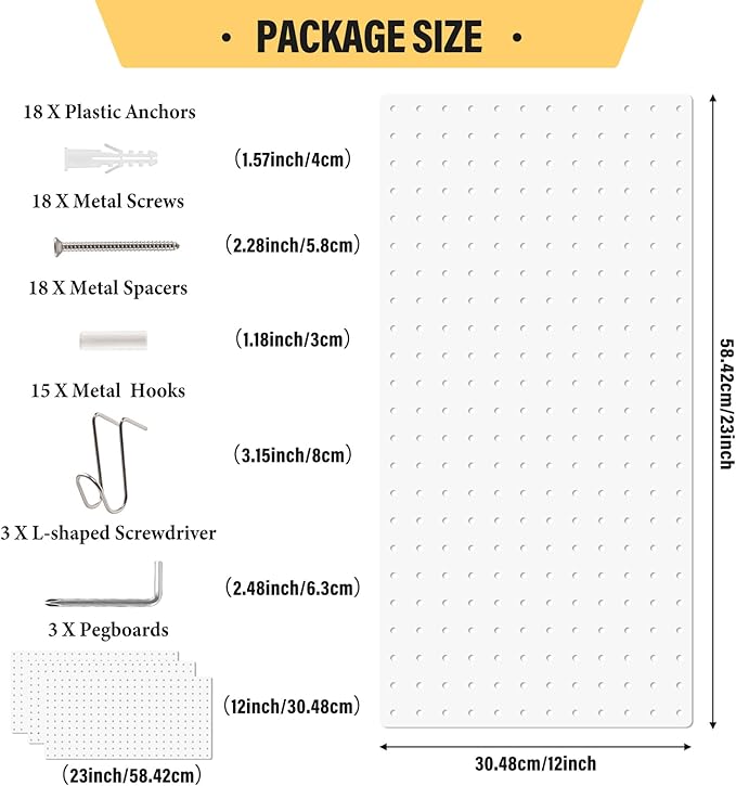 DEWEL Wall Organizer Peg Board, 3Pcs Metal Pegboard Panels with Hooks, 23" x 12" Heavy Duty Pegboard Wall Organizer for Workbench, Workshop, Office, Craft Room (3pcs white)