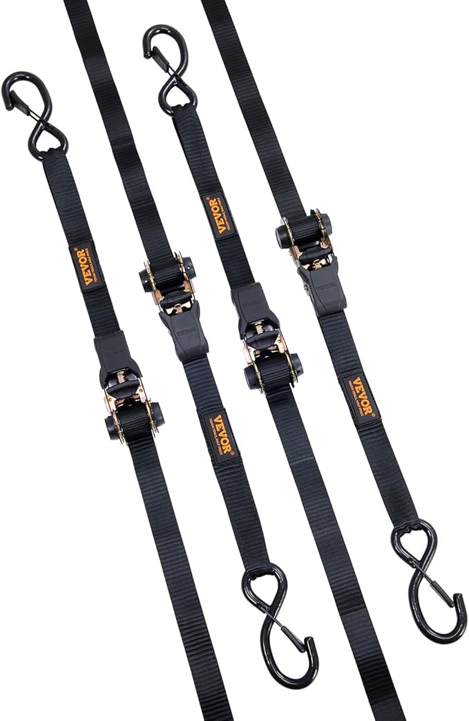 VEVOR Ratchet Tie Down Straps (4PK), 2200 lb Break Strength, 1" x 15' Heavy Duty Ratchet Tie Down Strap Set with Padded Handles, Coated S Hook, Soft Loop for Moving Appliances Motorcycle ATV Truck