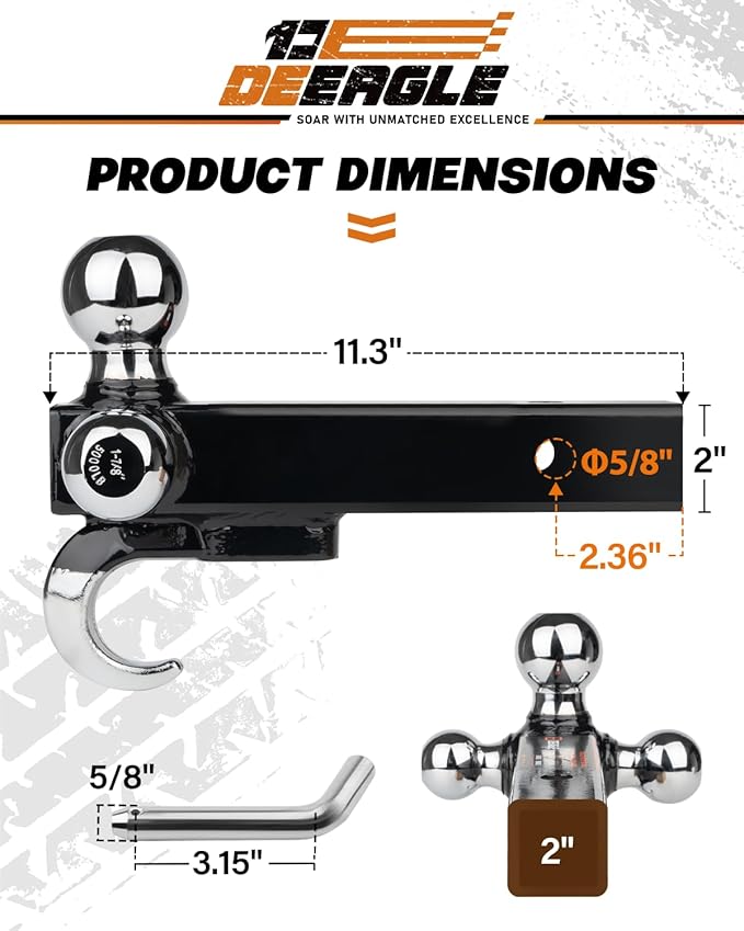 DEEAGLE 3 Ball Hitch with Hook, Tri Ball Hitch, 1-7/8", 2" and 2-5/16" Ball, Fit 2” Hitch Receiver, Heavy Duty Tow Hitch