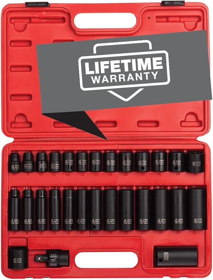 Sunex 2826 1/2-Inch Drive 12-Point Metric Impact Socket Set, 26-Piece and Sunex 3330, 3/8" Drive Master Impact Socket Set, 12 Pt., 29Piece, Metric, 8mm-22mm, Standard/Deep, Cr-Mo Steel, Heavy Duty Storage Case, Includes Universal Joint Bundle