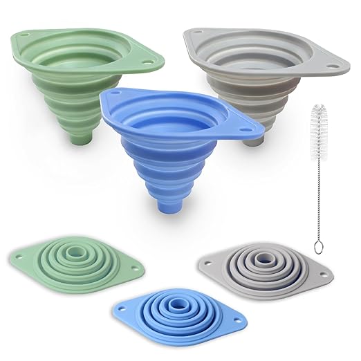 Kitchen Funnel Set 3 Pack, Collapsible Silicone Funnel for Kitchen Use, Small Funnels for Filling Bottle, Transfer Liquid, Oil and Powder, Food Grade Silicone Filter with a Brush