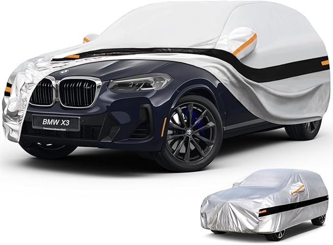 10 Layers SUV Car Cover Custom Fit for BMW X3 (2010-2026) F25, G01, G45, G48, Waterproof All Weather for Automobiles, Outdoor Full Cover Sun Dust Rain Protection with Cotton. Silver