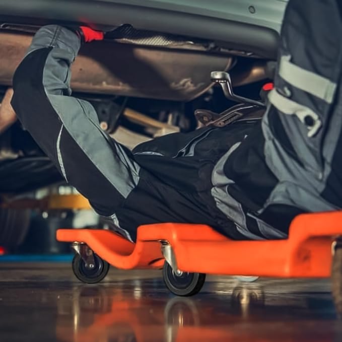 Magshion Mechanic Creeper with Padded Headrest and Tool Tray, 330 lbs Capacity Rolling Garage Shop Creeper with 6 Wheels, Lightweight and Portable Automotive Creeper (Orange)