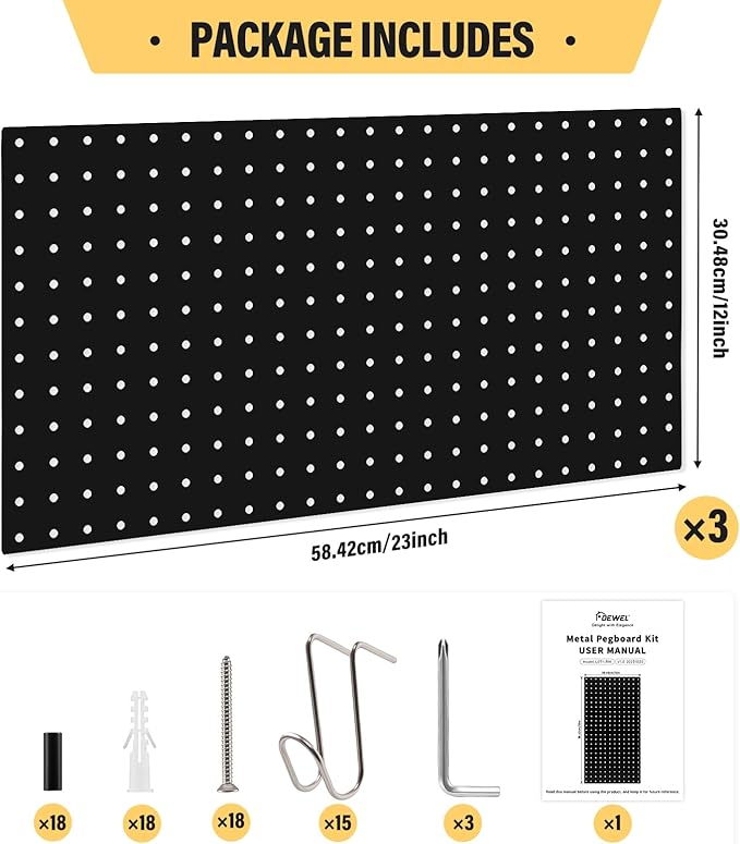 DEWEL Wall Organizer Peg Board, 3Pcs Metal Pegboard Panels with Accessories, 23" x 12" Pegboard, Heavy Duty Peg Board Wall Organizer for Workbench, Workshop, Office, Craft Room (3pcs black)