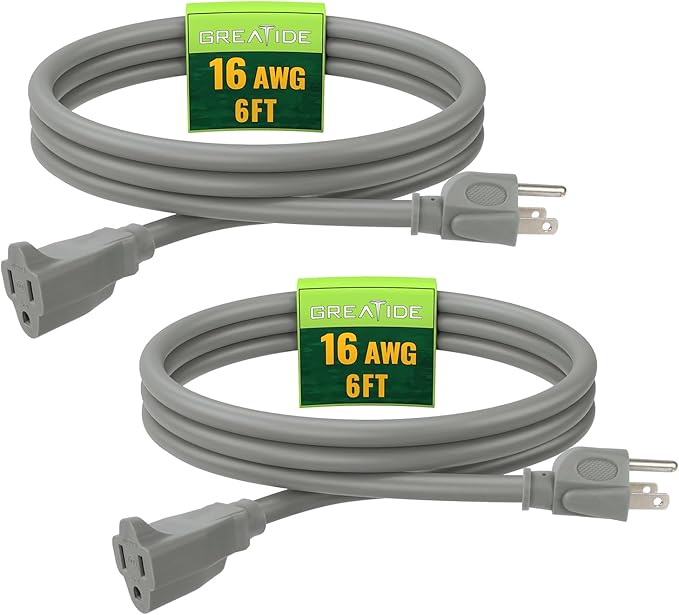 Indoor Outdoor Extension Cord 6 FT, 16/3 SJTW Weatherproof White Electrical Cords, 13 AMP Heavy Duty 3 Prong Power Cable Great for Garden, Landscaping & Holiday Decorations, 2 Pack