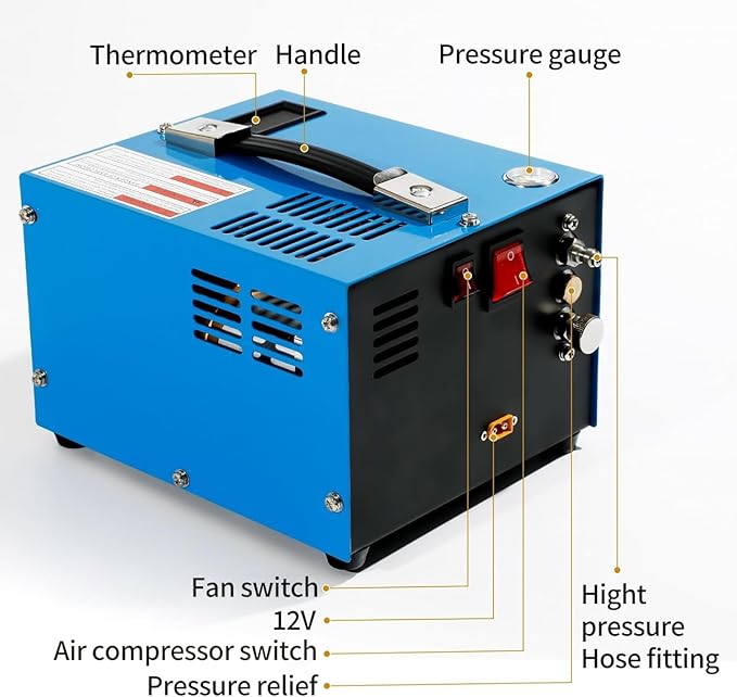PCP Air Compressor 4500Psi/30Mpa Water/Oil Free PCP Air Pump Rifle,12V Automotive DC 110V AC PCP Airgun Compressor With Power Converter,Built-in Fan,Suitable for Paintball (Blue)