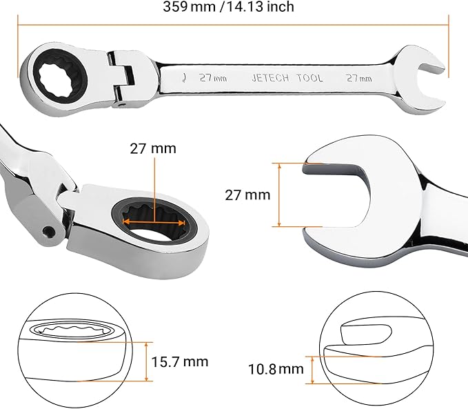 Jetech 27mm Flex-Head Ratcheting Combination Wrench, Premium Industrial Grade Spanner 72-Tooth Cr-V Steel - 180 Degree Flexible Box End Perfect for Tight Spaces, Auto & DIY Repair