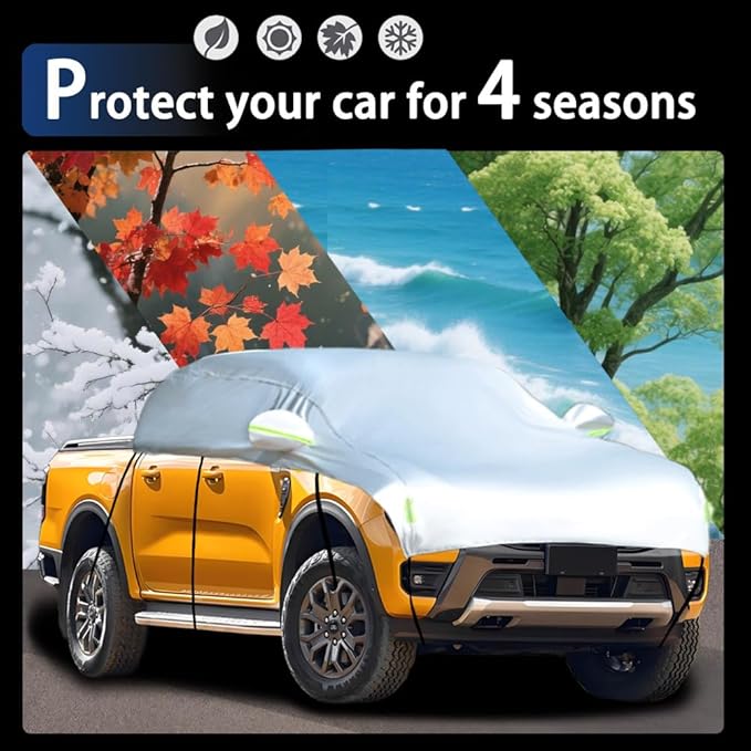 Half Car Cover Car Cover for Sunshade Half Car Body Cover Snow Cover Waterproof Universal Silver with Cotton(Small/Medium Size Pickup -Crew Cab)