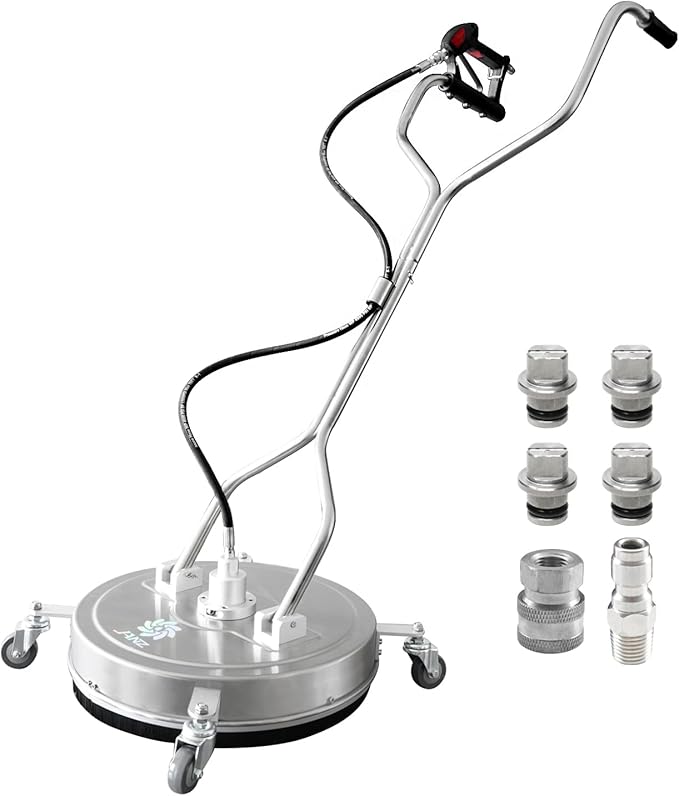 JANZ 24'' Pressure Washer Surface Cleaner with 4 Wheels,Dual Handle,Stainless Steel Housing, 4 Replacement Nozzle Cores and 2 Hose Adapters,Ideal for Driveways, Sidewalks,Patios,Decks Cleaning