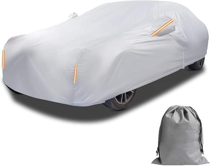 Caromop 10-Layer Waterproof Car Cover All Weather Protection (Snow, Rain, Sun) with Secure Fit Straps and Easy On/Off Zipper-Size A5 (See Size-Chart)