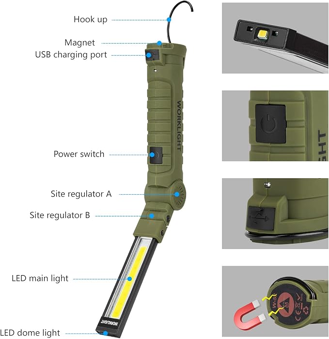Lmaytech 3 Pack Rechargeable LED Work Lights with Magnetic Base and 360° Rotation, 5 Modes for BBQ, Camping, Reading, and Car Repair