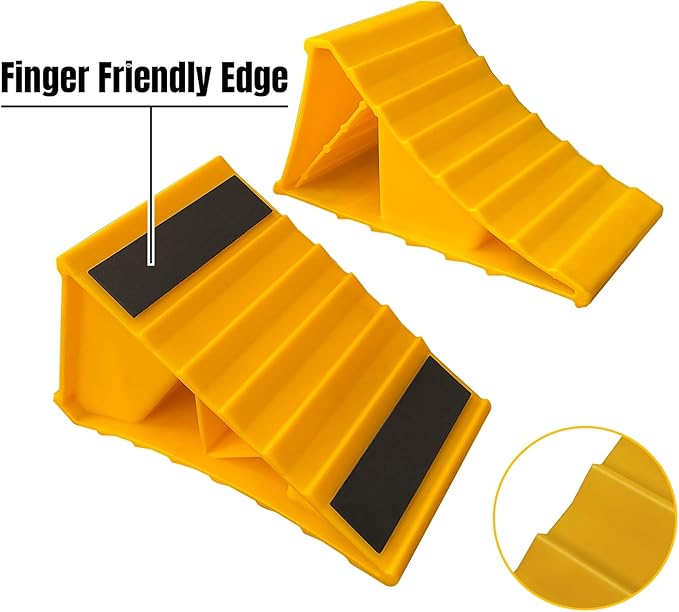 HOXWELL 2 Pairs Wheel Chocks for Travel Trailers, Non Slip Heavy Duty Yellow Wheel Chock, Lightweight Wheel Stoppers for Cars Camper Trucks RVs, Easy to Carry & Suitable for Most Tyre Sizes